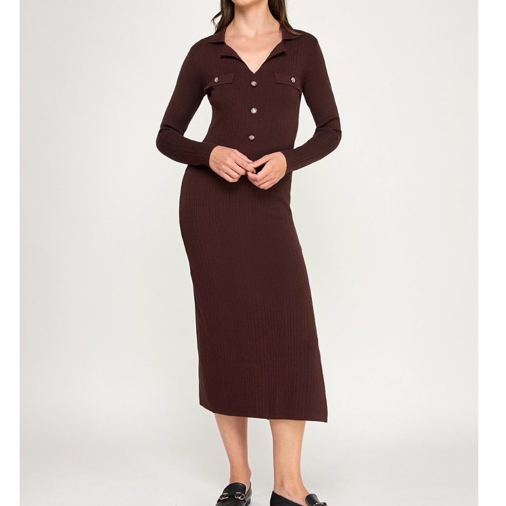 Collared Ribbed Long Sleeve Midi Dress in Brown